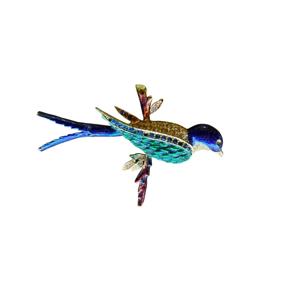 Vintage Enamel Swallow Bird Brooch Rhinestone Gold Tone Blue Green Animal Pin